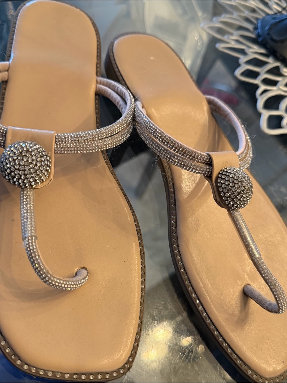 Embellished Nude T-Strap Women’s Sandals
